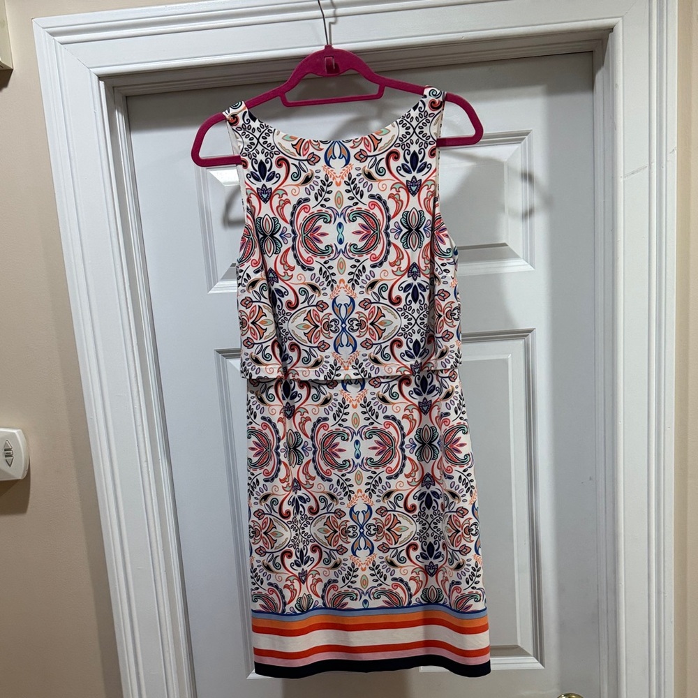Vince Camuto Cream Mosaic-Print Sleeveless Mini Dress with Coral & Navy Accents